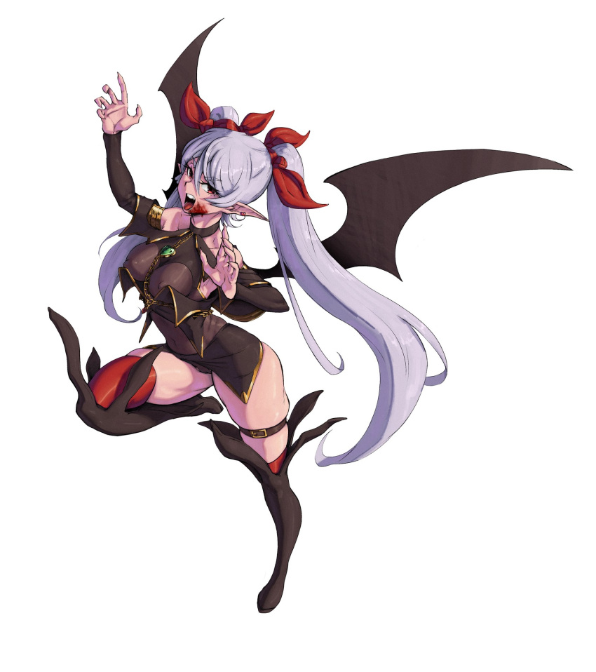 1girl aeyga bare_shoulders bat_wings blood blood_on_face bow breasts brooch covered_navel demon_girl demon_girl_(steedoj) demon_wings earrings full_body hair_bow heart heart_brooch heart_earrings highres jewelry large_breasts long_hair long_sleeves looking_at_viewer open_mouth original pointy_ears red_bow red_eyes red_thighhighs slit_pupils spread_wings standing standing_on_one_leg thigh_strap thighhighs twintails very_long_hair white_hair wings