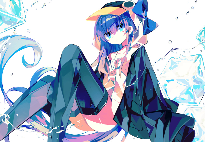 1girl animal_costume animal_hood arm_support black_jacket blue_bow blue_choker blue_eyes blush_stickers bow choker collarbone commentary_request fate/grand_order fate_(series) floating frilled_one-piece_swimsuit frills from_side hat hat_bow highres hood hood_up ice ice_cube jacket knee_up leaning_back long_hair looking_at_viewer meltryllis_(fate) meltryllis_(swimsuit_lancer)_(fate) meto_(metrin) off-shoulder_one-piece_swimsuit off_shoulder one-piece_swimsuit open_clothes open_jacket penguin_costume penguin_hood prosthesis prosthetic_leg purple_hair simple_background single_bare_shoulder sitting sleeve_cuffs sleeves_past_fingers sleeves_past_wrists solo swimsuit very_long_hair water_drop white_background