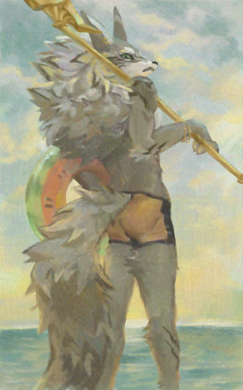 2023 absurd_res anthro canid canine canis clothing fur gold_(metal) gold_jewelry green_eyes halberd hi_res jackal jewelry lifewonders looking_back male mammal melee_weapon nhp_avi polearm sea seth_(tas) solo striped_body striped_fur stripes swim_ring swimming_trunks swimwear swimwear_only tokyo_afterschool_summoners water weapon weapon_on_shoulder