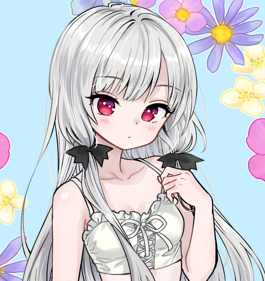 1girl ama-tou black_bow blue_background blush bow bra closed_mouth collarbone floral_background flower grey_hair hair_bow highres long_hair pink_flower purple_flower red_eyes sidelocks solo sophie_twilight tonari_no_kyuuketsuki-san underwear upper_body white_bra yellow_flower