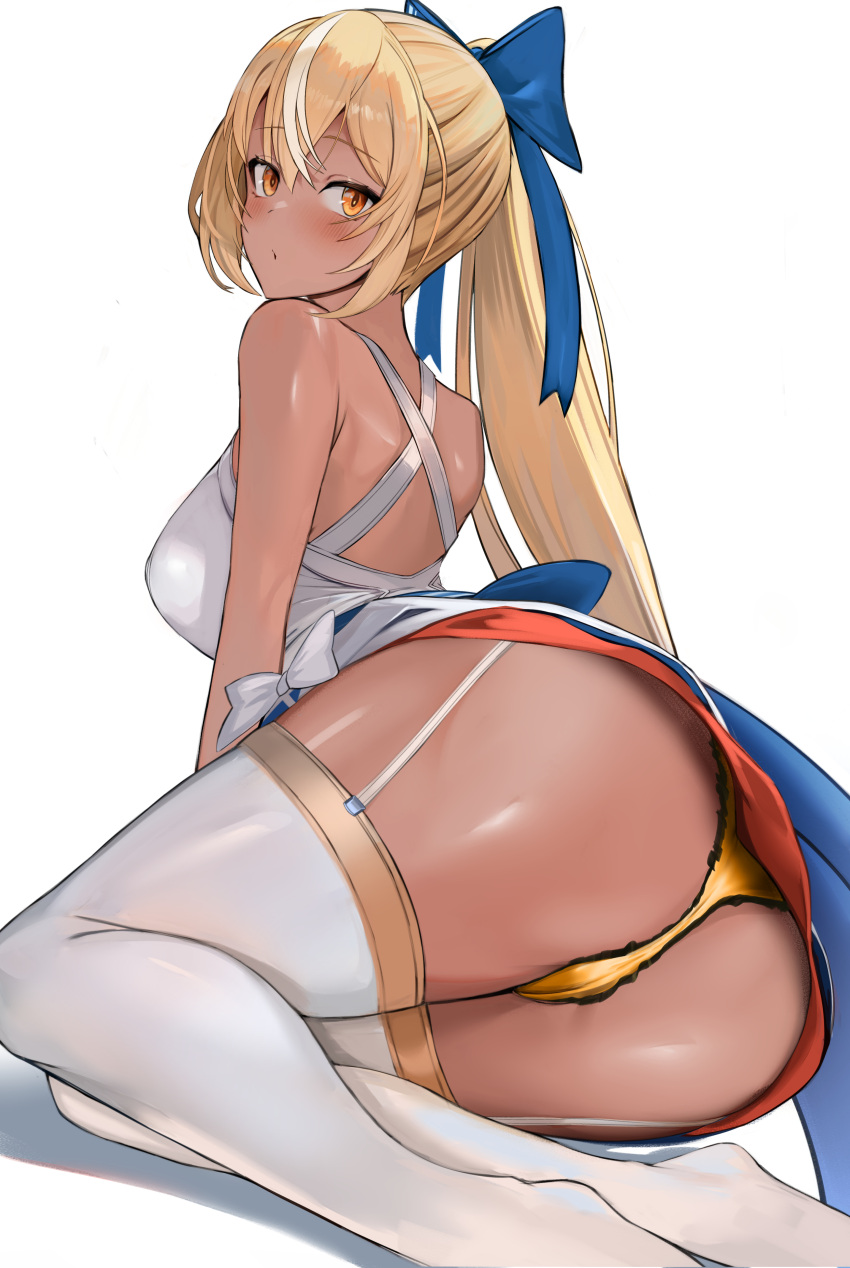 1girl absurdres ass bare_shoulders blonde_hair blush bow breasts dark-skinned_female dark_elf dark_skin dress elf high_ponytail highres hololive hoshara large_breasts long_hair looking_at_viewer multicolored_hair off-shoulder_dress off_shoulder panties pointy_ears ponytail shiranui_flare sidelocks skirt solo streaked_hair thighhighs underwear virtual_youtuber white_background white_hair white_thighhighs yellow_panties