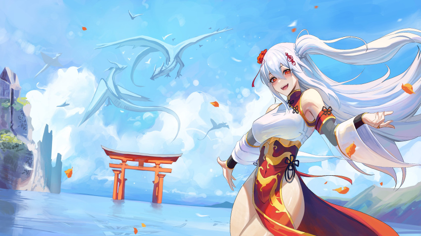 1girl absurdres bare_shoulders black_sleeves braid china_dress chinese_clothes cloud commission detached_sleeves dragon dress falling_leaves flower flower_knot goddess_akane_(vtuber) gold_trim grey_hair hair_between_eyes hair_flower hair_ornament highres indie_virtual_youtuber leaf multicolored_clothes multicolored_dress pelvic_curtain rasipan red_dress red_eyes red_flower see-through see-through_sleeves side_ponytail side_slit sky sleeveless sleeveless_dress torii wide_sleeves