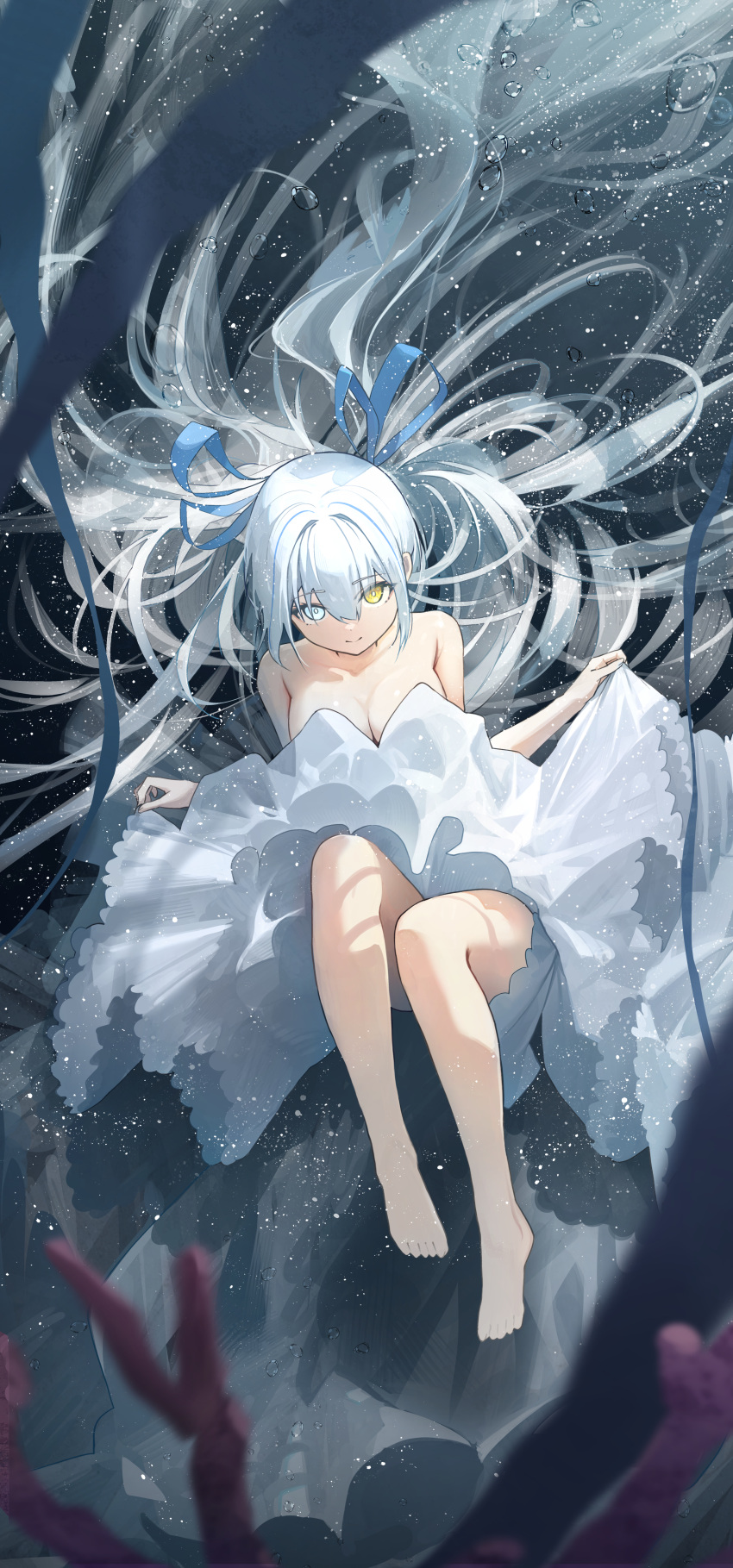 1girl absurdres air_bubble bare_shoulders barefoot blue_eyes bow breasts bubble cleavage coral dress grey_hair hair_bow hair_ornament heterochromia hidulume highres large_breasts long_hair looking_at_viewer original sleeveless sleeveless_dress smile solo submerged underwater very_long_hair white_dress white_hair yellow_eyes