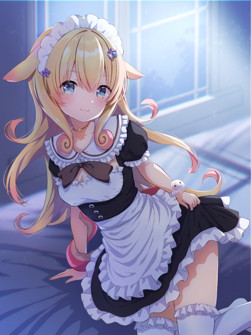 1girl :3 apron black_bow black_bowtie black_dress blonde_hair blue_eyes bow bowtie bracelet breasts choker clothes_lift collarbone colored_tips commission curly_hair dress dress_lift frilled_apron frilled_dress frilled_sailor_collar frilled_thighhighs frills hair_ornament highres idol_corp jewelry long_hair maid maid_headdress momo_otako monster_girl multicolored_hair pink_hair sailor_collar scylla second-party_source shell_hair_ornament solo star_(symbol) star_choker star_hair_ornament tentacles thighhighs two-tone_dress uni_(wzzm4375) waist_apron white_sailor_collar white_thighhighs window