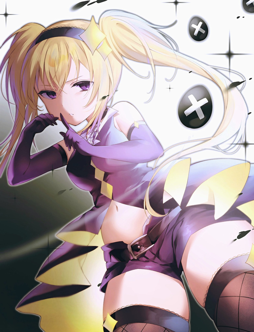 1girl black_gloves black_headband black_shirt black_thighhighs blonde_hair dark_jewel diamond_(shape) diamond_hair_ornament finger_to_mouth fishnet_thighhighs fishnets gloves grey_background guardian_chara headband highres hoshina_utau long_hair midriff_peek multicolored_background purple_eyes shirt short_shorts shorts shugo_chara! shushing solo thighhighs thighs twintails usanta white_background x-egg_(shugo_chara!)