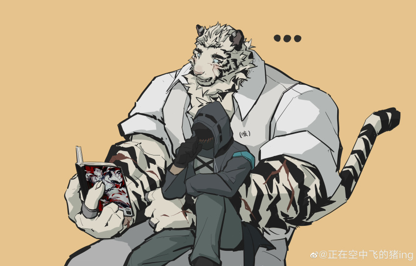 ... 2boys absurdres animal_ears arknights artist_request bara blush book collared_shirt coughing doctor_(arknights) facial_hair feet_out_of_frame forearms furry furry_male goatee highres holding holding_book jewelry large_hands male_doctor_(arknights) male_focus manga_(object) mountain_(arknights) mountain_(book_reader)_(arknights) multiple_boys muscular muscular_male official_alternate_costume pants reading ring scar scar_across_eye scar_on_arm shirt short_hair shy sitting sitting_on_lap sitting_on_person size_difference tail thick_arms thick_eyebrows tiger_boy tiger_ears tiger_tail white_hair white_pants yaoi