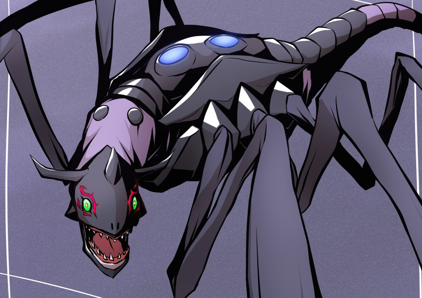 1other armagemon bug digimon digimon_(creature) green_eyes grey_background horns looking_at_viewer mitosupa_(qsiqydfz7nesh9w) monster no_humans open_mouth sharp_teeth simple_background solo spider teeth