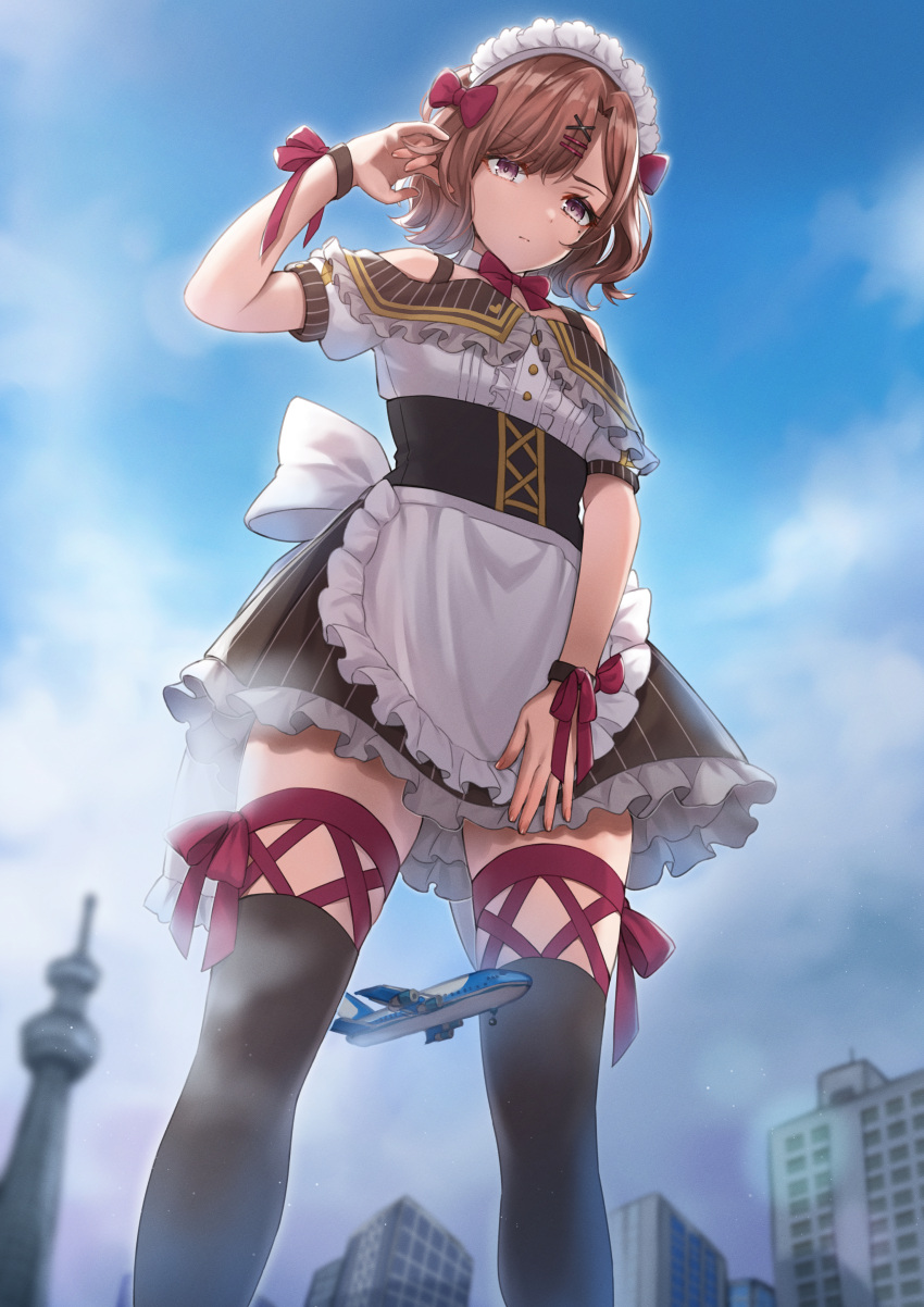 1girl absurdres aircraft airplane apron black_skirt black_thighhighs blue_sky bow bracelet brown_hair building city cloud commission day giant giantess hair_ornament hairclip highres higuchi_madoka idolmaster idolmaster_shiny_colors jewelry maid maid_apron mole mole_under_eye outdoors pixiv_commission purple_bow purple_eyes purple_ribbon ribbon sahara1127 short_hair skirt sky solo thighhighs waist_apron white_headdress x_hair_ornament