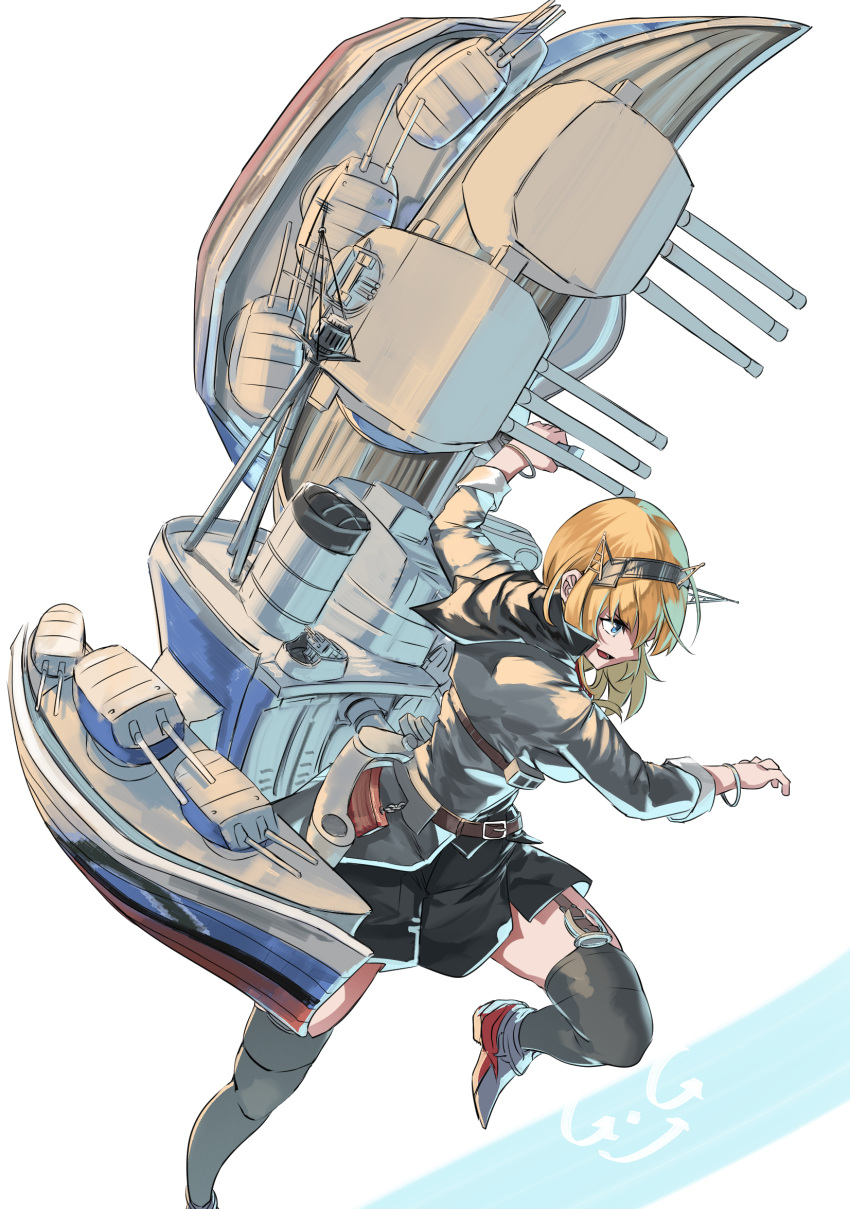1girl bangle black_skirt black_thighhighs blonde_hair blue_eyes bracelet breasts garter_straps gegeron grey_jacket hair_between_eyes headgear highres holding jacket jewelry kantai_collection leg_up long_sleeves open_mouth rigging rodney_(kancolle) simple_background skirt solo thighhighs turret