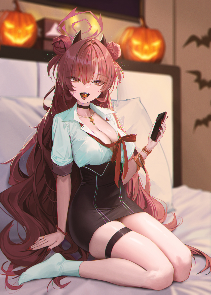 1girl absurdres bed black_choker black_horns black_skirt blue_archive blurry blurry_background bracelet breasts candy cellphone choker cleavage collared_shirt demon_horns double_bun fieryonion fingernails food hair_bun halloween halo highres holding holding_phone horns indoors jack-o'-lantern jewelry kirara_(blue_archive) large_breasts long_hair looking_at_viewer nail_polish necklace open_mouth phone pillow red_eyes red_hair red_halo red_nails red_ribbon ribbon shirt skirt smartphone socks solo thigh_strap tongue tongue_out white_shirt white_socks
