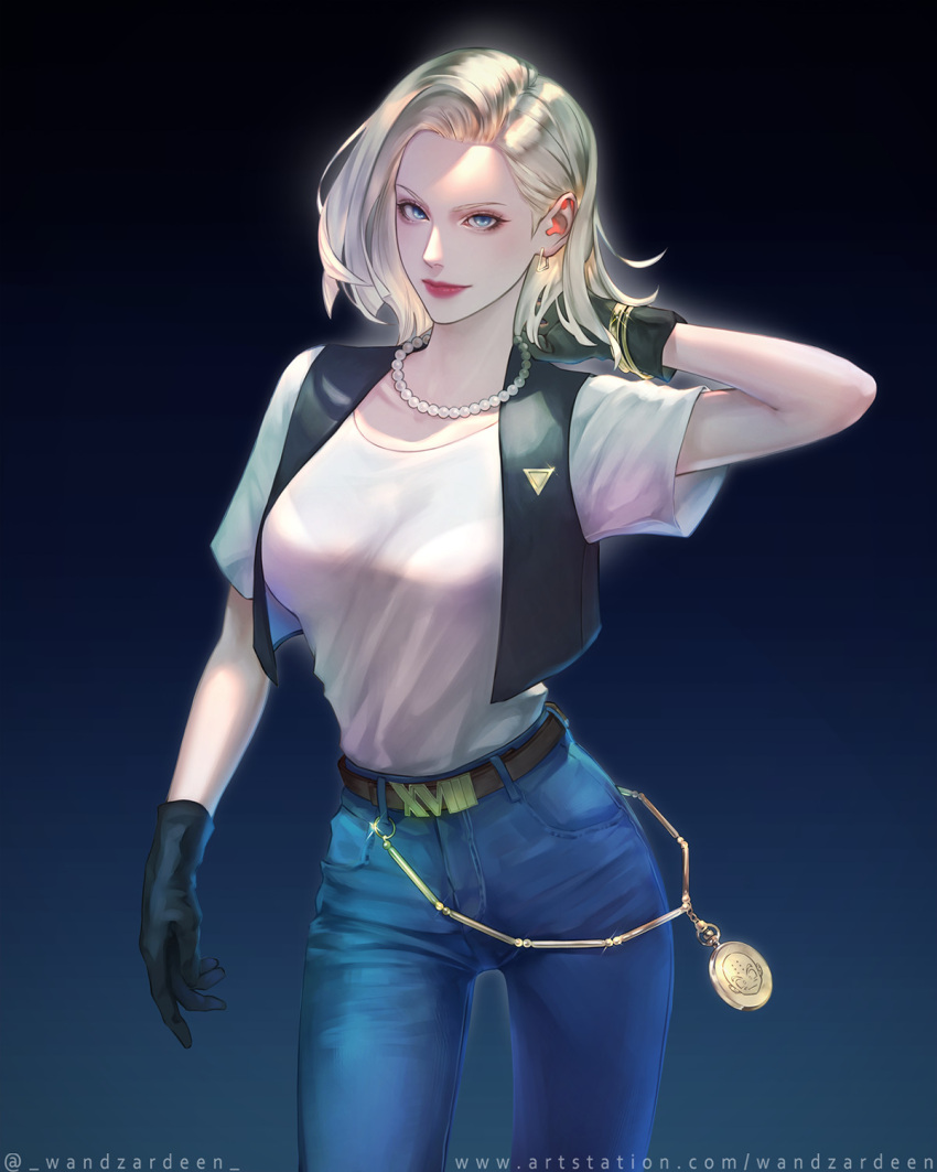 1girl android_18 bead_necklace beads black_gloves black_vest blonde_hair blue_eyes closed_mouth cyborg denim dragon_ball dragon_ball_z earrings gloves hand_in_own_hair highres jeans jewelry kuririn looking_at_viewer medium_hair necklace pants red_lips short_sleeves simple_background smile vest wandzardeen web_address