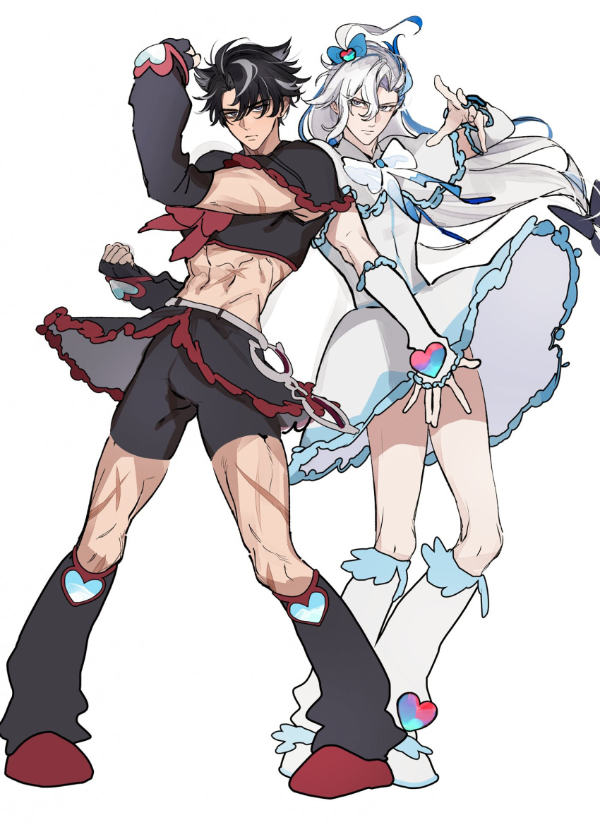 2boys abs black_gloves black_hair blue_hair clenched_hands closed_mouth cosplay crop_top cure_black cure_black_(cosplay) cure_black_pose cure_white cure_white_(cosplay) cure_white_pose detached_sleeves dress fingerless_gloves full_body futari_wa_precure genshin_impact gloves godwkgodwk grey_eyes grey_hair hair_between_eyes heart highres long_hair looking_at_viewer magical_boy male_focus multiple_boys neuvillette_(genshin_impact) precure scar scar_on_leg simple_background standing toned toned_male white_background white_hair wriothesley_(genshin_impact)