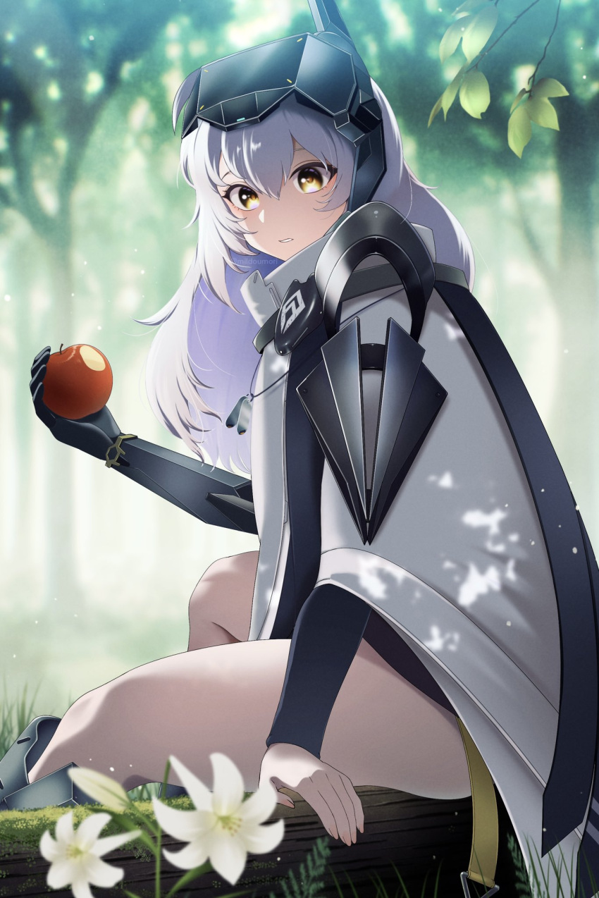 1girl apple armor armored_gloves clenched_teeth coat dog_tags eating flower food forest fruit goddess_of_victory:_nikke headgear highres log long_hair milmil7 nature shoulder_armor sitting snow_white_(nikke) solo teeth tree white_coat white_hair yellow_eyes