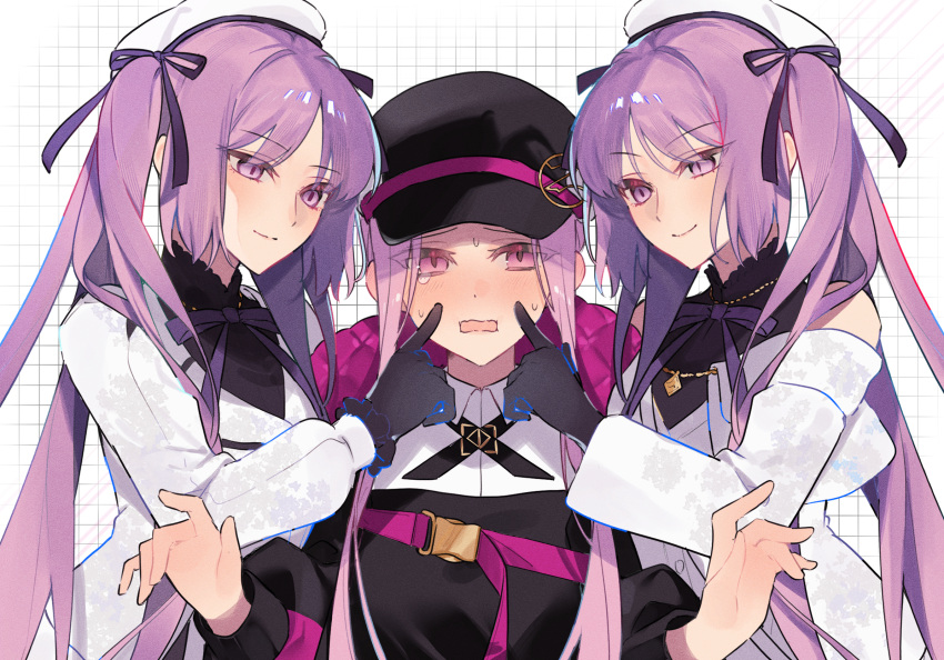 3girls bare_shoulders belt black_dress black_gloves black_headwear black_jacket blush breasts cheek_poking collared_shirt dress euryale_(fate) fate/grand_order fate_(series) fur-trimmed_headwear gloves hair_ribbon hat high_heels highres jacket large_breasts long_hair long_sleeves medusa_(fate) medusa_(saber)_(fate) multiple_girls off_shoulder open_mouth parted_bangs poking purple_eyes purple_hair ribbon shirt siblings sidelocks sisters skirt small_breasts smile stheno_(fate) tearing_up twintails uxco0 very_long_hair white_headwear white_jacket white_shirt white_skirt