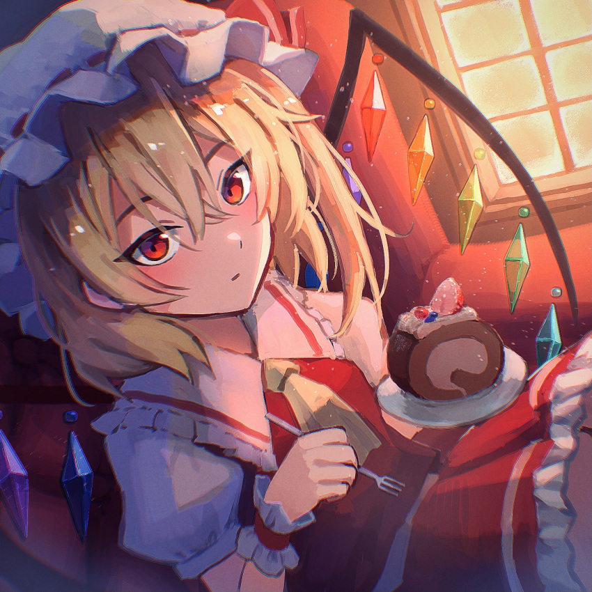 1girl :i ascot blonde_hair bo_cota cake collared_shirt crystal fang flandre_scarlet food fork frilled_shirt_collar frills hair_between_eyes hat highres holding holding_fork holding_plate indoors long_hair looking_at_viewer mob_cap one_side_up open_mouth plate red_eyes red_skirt red_vest shirt sitting skirt smile solo touhou vest white_headwear white_shirt window wings wrist_cuffs yellow_ascot