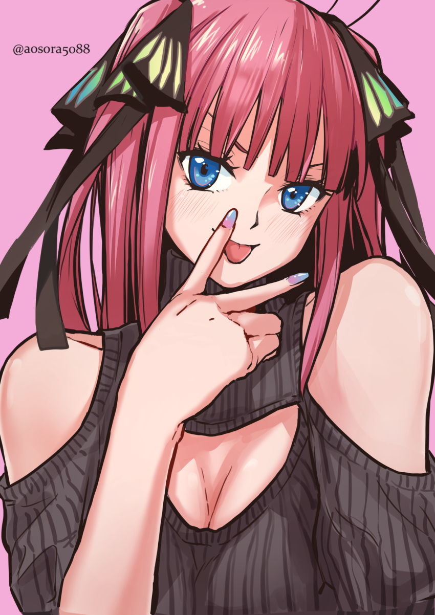 1girl aosora2823 black_sweater blue_eyes blush breasts cleavage cleavage_cutout clothing_cutout fingernails go-toubun_no_hanayome highres medium_breasts nail_polish nakano_nino pink_background pink_hair shoulder_cutout simple_background smile solo sweater tongue tongue_out twitter_username two_side_up upper_body v v_over_mouth