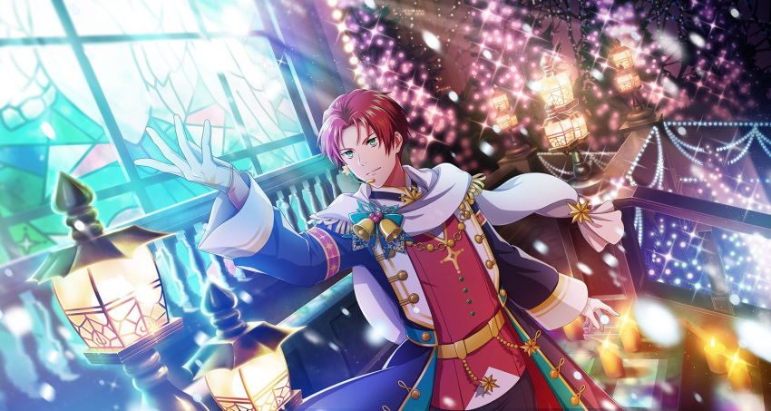 1boy candle christmas_ornaments gloves green_eyes headset highres idolmaster idolmaster_side-m idolmaster_side-m_growing_stars light_smile long_sleeves male_focus mayumi_eishin official_art red_hair scarf smile solo stained_glass white_gloves white_scarf