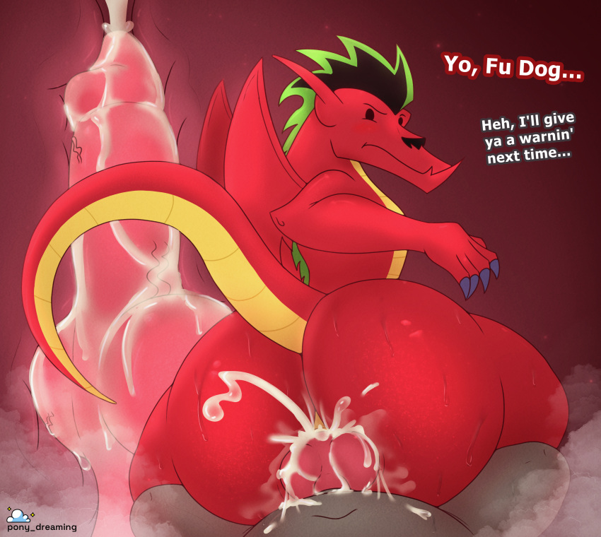 absurd_res american_dragon:_jake_long anal anal_knotting anal_penetration animal_genitalia animal_penis anthro anthro_on_anthro anthro_penetrated big_butt bodily_fluids butt canid canine canine_genitalia canine_penis canis claws countershade_tail countershade_torso countershading cum cum_in_ass cum_inside cum_on_belly cum_on_body cum_on_butt cum_on_penis cum_spurt cum_strand cumshot dialogue disney domestic_dog dragon duo ejaculation faceless_anthro faceless_character faceless_male folded_wings fu_dog_(character) genital_fluids genitals hi_res internal jake_long knot knotting larger_male larger_on_top larger_penetrated looking_back looking_back_at_another looking_back_at_partner lying male mammal mastiff molosser navel nude on_back penetration penile penile_penetration penis penis_in_ass pony_dreaming raised_tail red_body red_scales scales scalie shar_pei size_difference small_dom_big_sub small_top_big_bottom smaller_male steam sweat sweaty_butt tail text vein veiny_penis wings yellow_body yellow_countershading