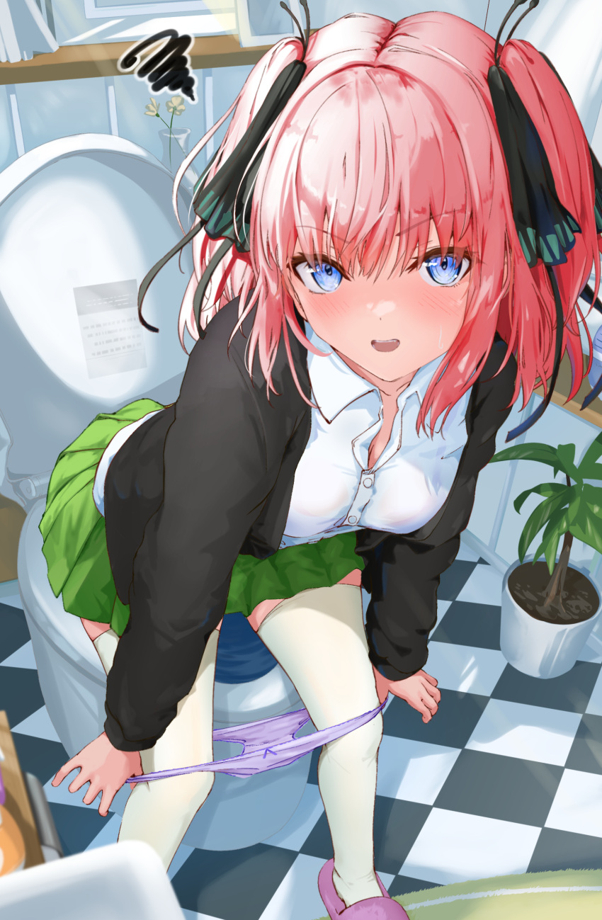 absurdres bathroom black_cardigan black_ribbon blue_eyes blurry bob_cut breasts butterfly_hair_ornament cardigan collared_shirt depth_of_field go-toubun_no_hanayome green_skirt hair_ornament hair_ribbon highres indoors leaning_forward looking_at_viewer medium_hair momiji_akiba nakano_nino open_cardigan open_clothes open_mouth panties panty_pull pink_footwear pink_hair pink_panties plant pleated_skirt potted_plant pulled_by_self ribbon school_uniform shirt sidelocks skirt slippers sweatdrop swirl thighhighs toilet two_side_up underwear white_shirt white_thighhighs