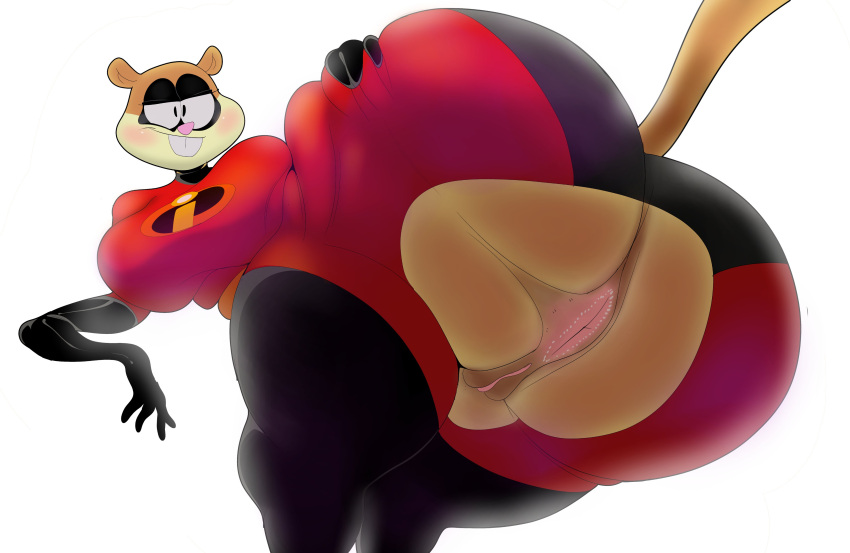 absurd_res anthro anus barrybbeesly big_breasts big_butt blush breasts buckteeth butt clothing cosplay disney dot_eyes female genitals gloves half-closed_eyes handwear helen_parr hi_res huge_breasts huge_butt legwear looking_at_viewer looking_back mammal narrowed_eyes nickelodeon pixar pussy rodent sandy_cheeks sciurid skinsuit solo spongebob_squarepants tan_body teeth the_incredibles thigh_highs tight_clothing tree_squirrel