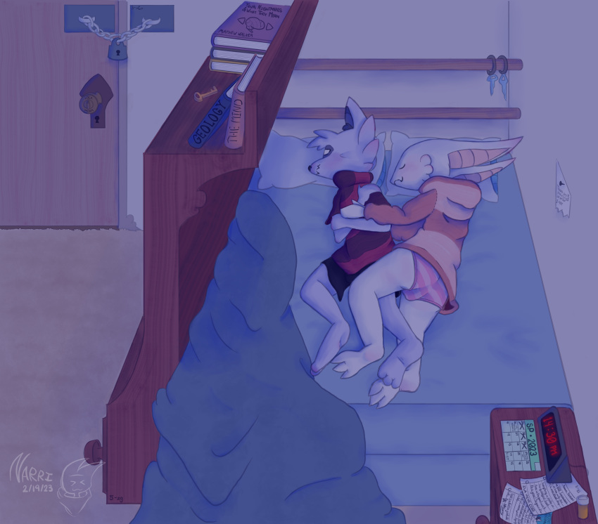 absurd_res alarm_clock anthro bed bedroom black_nose book bookshelf bottomwear bulge calendar canid canine canis clock clothed clothing cuddling digital_media_(artwork) dresser duo embrace eyes_closed fur furniture hi_res hoodie hug inner_ear_fluff jackal key lock lying male male/male mammal night no_pupils on_bed on_side panties panties_bulge paper pattern_clothing pill_bottle pillow shorts smile striped_clothing stripes text topwear tuft underwear yumunarri