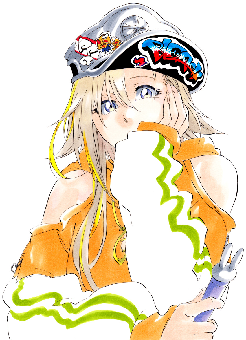 1girl absurdres bare_shoulders bleach blonde_hair clothing_cutout copyright_name covered_mouth drawstring hair_between_eyes hand_on_own_cheek hand_on_own_face hat highres hiyoku_no_crosspiece hood hood_down hoodie ieiri_popo ken'ichi_(ken1ro_u) long_sleeves looking_at_viewer military_hat multicolored_hair nanashi_inc. orange_hoodie pez purple_eyes raised_eyebrow short_hair_with_long_locks shoulder_cutout sleeves_past_wrists solo sticker streaked_hair two-tone_hair upper_body virtual_youtuber wandenreich_uniform white_background white_sleeves