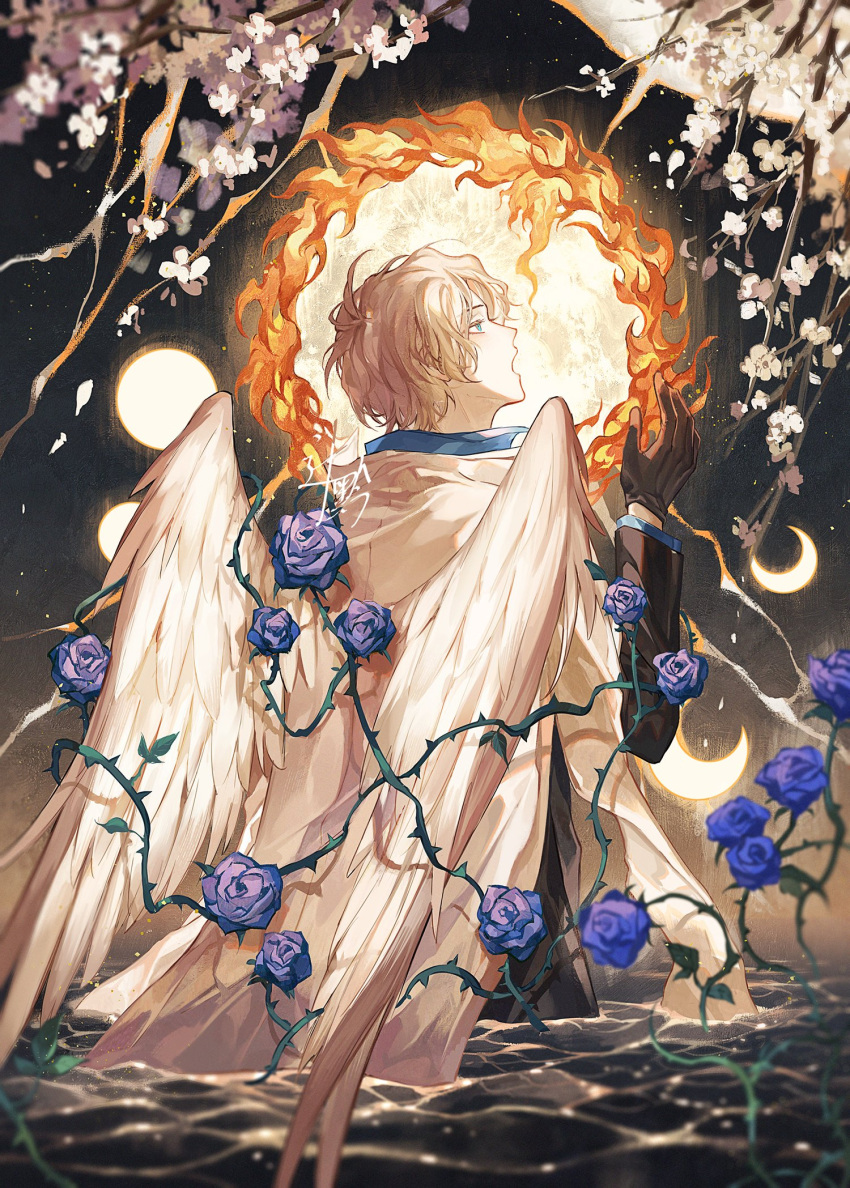 1boy alternate_costume black_hair blonde_hair breathing_fire cherry_blossoms feathered_wings fire flower from_behind gloves highres long_sleeves male_focus one_piece open_mouth purple_flower purple_rose rose sabo_(one_piece) short_hair solo sqloveraven thorns tree wading wings