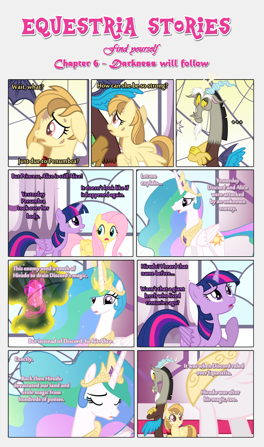 absurd_res accessory alice_goldenfeather_(estories) anthro backstory bangs black_border border brown_spots canterlot chimera crossed_arms crystal cutie_mark dialogue discord_(mlp) draconequus ears_up equid equine estories eyes_closed female feral fluttershy_(mlp) folded_wings friendship_is_magic glancing_back glowing glowing_horn group hair_accessory hasbro hi_res horn inside lore magic male mammal my_little_pony pegasus princess_celestia_(mlp) regalia spots spread_wings twilight_sparkle_(mlp) winged_unicorn wings