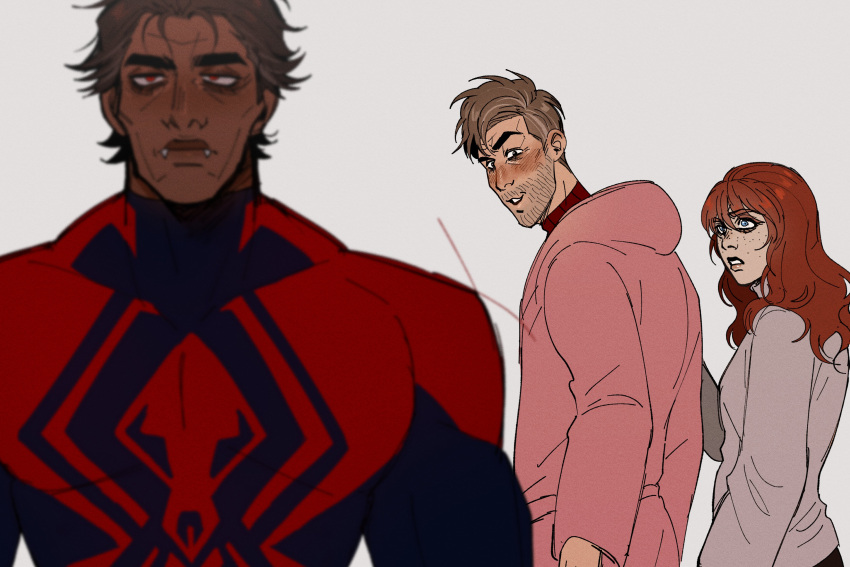 absurdres animal_print black_hair blue_bodysuit blush bodysuit brown_hair coat dark-skinned_male dark_skin distracted_boyfriend_(meme) grey_shirt highres looking_at_another marvel mary_jane_watson meme miguel_o'hara nakariiale peter_b_parker pink_coat red_bodysuit red_hair shirt short_hair spider-man:_across_the_spider-verse spider-man_(series) spider-verse spider_print two-tone_bodysuit upper_body