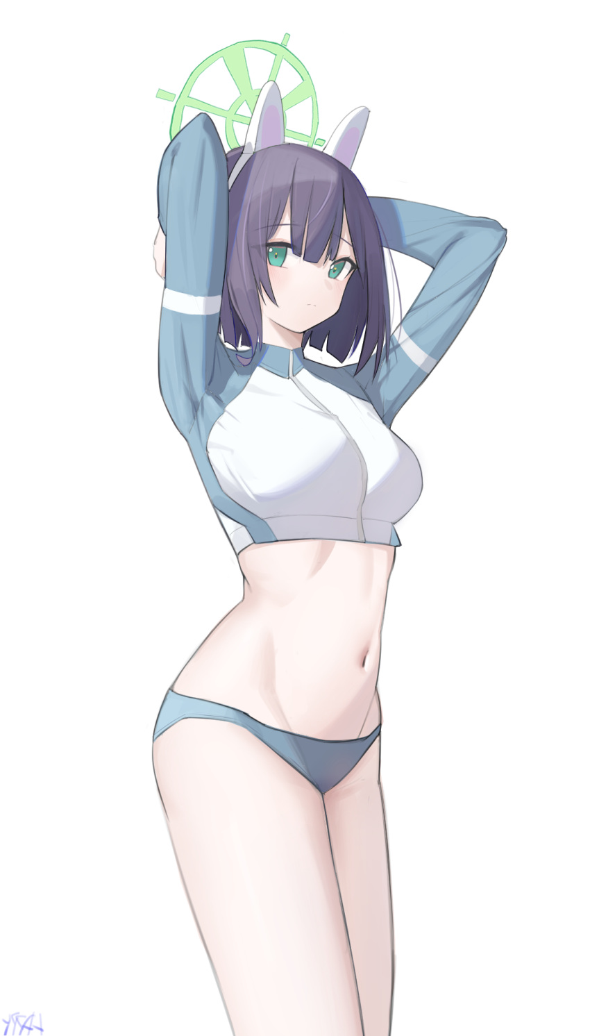 1girl animal_ears arms_up blue_archive blunt_ends blush breasts fake_animal_ears groin halo happy05x highres looking_at_viewer medium_breasts navel no_headwear official_alternate_costume purple_eyes rabbit_ears rash_guard saki_(blue_archive) saki_(swimsuit)_(blue_archive) short_hair simple_background solo stomach white_background