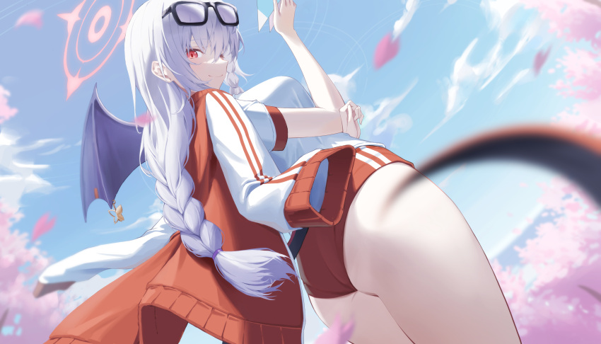 1girl absurdres blue_archive blue_sky braid braided_ponytail breasts buruma closed_mouth commentary day demon_wings eyewear_on_head from_below gaoqiaoyuyin_takahashi grey_hair gym_uniform halo hand_up haruna_(blue_archive) haruna_(track)_(blue_archive) highres jacket jacket_on_shoulders large_breasts long_hair looking_at_viewer official_alternate_costume outdoors petals red_buruma red_eyes red_jacket shirt short_sleeves sidelocks single_wing sky smile solo track_jacket white_shirt wing_ornament wing_piercing wings