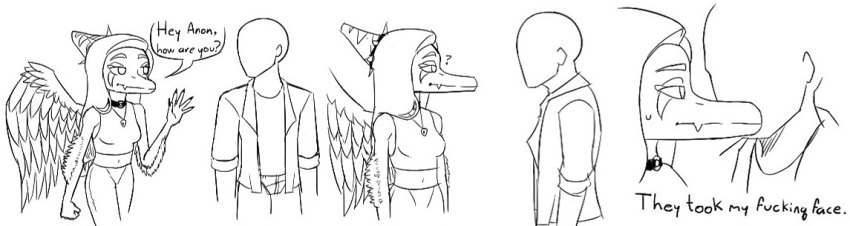 anon_(snoot_game) anthro bald choker clothed clothing dialogue dinosaur duo english_text fang_(gvh) feathered_wings feathers featureless_face female goodbye_volcano_high hair human humor jewelry long_hair long_snout male mammal monochrome necklace profanity pterodactylus pterosaur reptile scalie sequence side_view simple_background snoot_game_(fan_game) snout speech_bubble text unknown_artist white_background wings