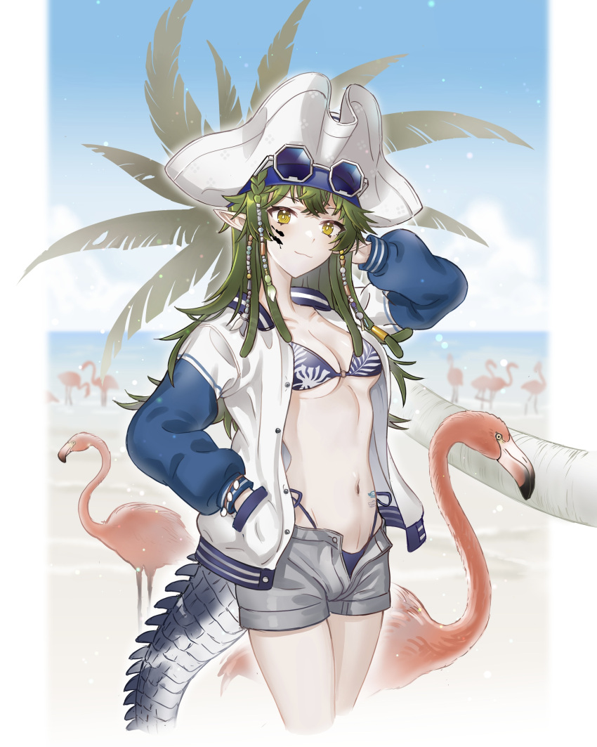 1girl absurdres arknights arm_up beach bestramos bikini bird blue_sky breasts cloud commentary_request cropped_legs day eyewear_on_head flamingo gavial_(arknights) gavial_the_invincible_(arknights) gavial_the_invincible_(holiday)_(arknights) green_hair grey_shorts hand_in_pocket highres jacket long_hair looking_at_viewer navel official_alternate_costume open_clothes open_fly open_jacket palm_tree short_shorts shorts sky small_breasts smile solo standing stomach sunglasses swimsuit thighs tree white_headwear yellow_eyes