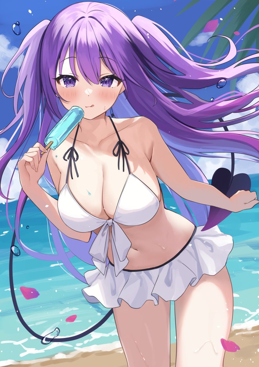 1girl :q absurdres bare_arms bare_shoulders beach bikini bikini_skirt breasts cleavage closed_mouth collarbone cowboy_shot demon_girl demon_tail floating_hair food front-tie_bikini_top front-tie_top hand_up highres holding holding_food holding_popsicle large_breasts leaning_forward long_hair looking_at_viewer naughty_face navel okiq original outdoors popsicle purple_eyes purple_hair smile solo standing stomach string_bikini swimsuit tail tail_raised thighs tongue tongue_out two_side_up very_long_hair wet white_bikini