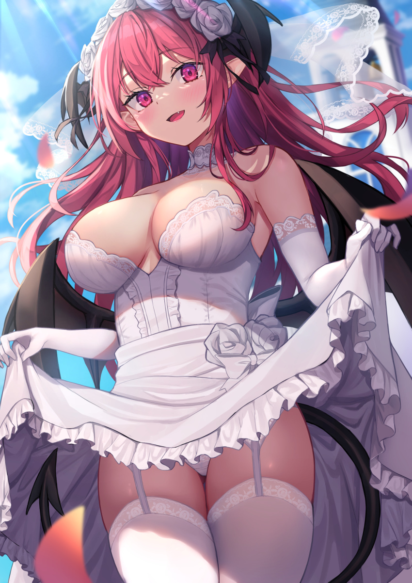 1girl black_wings blush breasts cowboy_shot demon_tail demon_wings dress elbow_gloves fang gloves hair_between_eyes head_wings highres koakuma large_breasts long_hair open_mouth pointy_ears red_eyes red_hair smile solo tail thighhighs touhou white_dress white_gloves white_thighhighs wings wowoguni