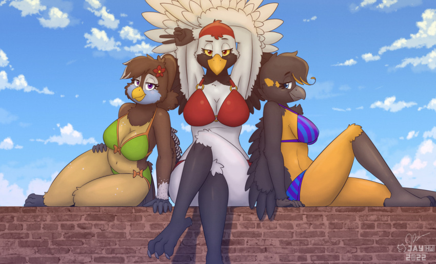 2022 3_toes 5_fingers accessory anthro arm_tuft artist_logo avian beak bedroom_eyes big_breasts bird black_body black_eyebrows black_eyelashes black_feathers blue_body blue_clothing blue_eyes blue_feathers blue_sky blue_swimwear bow_swimwear breasts brick_wall brown_body brown_feathers cheek_tuft chest_tuft claws cleavage clothed clothing countershade_face countershade_torso countershading crane_(bird) crossed_legs eyebrows facial_tuft feathers feet female fingers flower flower_in_hair gesture gloves_(marking) green_clothing green_swimwear grey_beak grey_claws group gruiform grus_(genus) hair hair_accessory hand_on_leg hand_on_thigh hands_above_head hands_behind_head head_markings head_tuft highlights_(coloring) kiko_(sammfeatblueheart) knee_tuft leg_tuft logo looking_at_viewer markings narrowed_eyes navel on_wall orange_body orange_feathers orange_highlights oriole_(bird) pattern_clothing pattern_swimwear plant ponytail purple_clothing purple_eyes purple_swimwear raised_eyebrow reclining red-crowned_crane red_body red_clothing red_eyes red_feathers red_flower red_swimwear ria_(sammfeatblueheart) sammfeatblueheart seductive shaded shadow signature sitting sky sky_background smile smirk speckled_body striped_clothing striped_feathers striped_swimwear stripes swimwear swimwear_only tail tail_tuft tan_body tan_feathers thick_thighs toes trio trogon trogonid tuft two-piece_swimsuit v_sign wall_(structure) white_body white_clouds white_feathers white_highlights winged_arms wings wrist_tuft yellow_beak yellow_sclera yuriko_(aidagull)