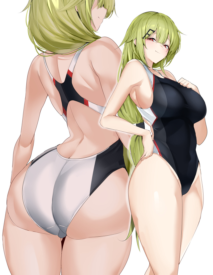 1girl absurdres alternate_costume arched_back ass back_cutout bare_arms bare_shoulders black_one-piece_swimsuit blush breasts closed_mouth clothing_cutout commission competition_swimsuit criss-cross_back-straps from_behind girls'_frontline green_eyes grey_headwear groin hair_ornament hairclip highleg highleg_swimsuit highres impossible_clothes impossible_swimsuit large_breasts long_hair looking_at_viewer maruyaa_(malya1006) median_furrow mk48_(girls'_frontline) multiple_views one-piece_swimsuit red_eyes simple_background skeb_commission smile swimsuit taut_clothes taut_swimsuit thighs trefoil two-tone_one-piece_swimsuit white_background white_one-piece_swimsuit