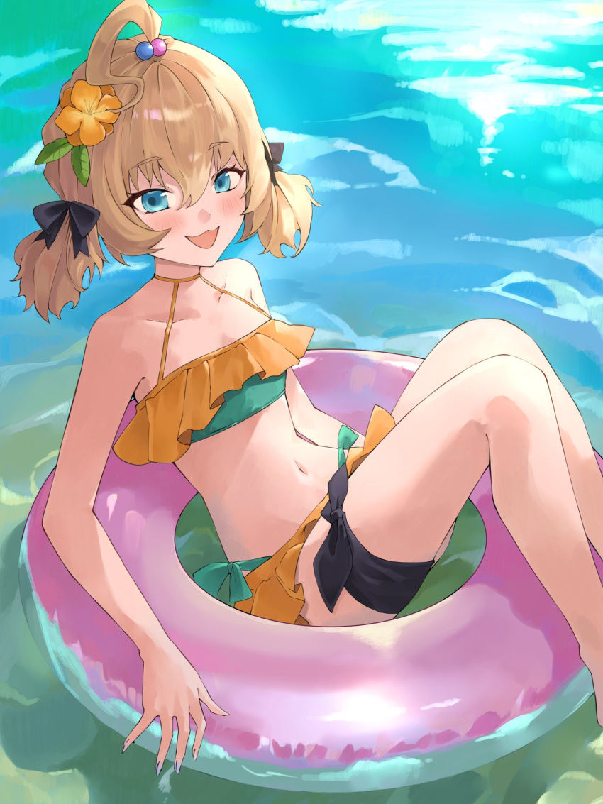 1girl ahoge bikini blonde_hair blue_eyes blush flower green_bikini hair_flower hair_ornament highres konchi_(63438789) millie_parfait multicolored_bikini multicolored_clothes nijisanji nijisanji_en official_alternate_costume open_mouth short_twintails smile solo swimsuit twintails virtual_youtuber water yellow_bikini yellow_flower