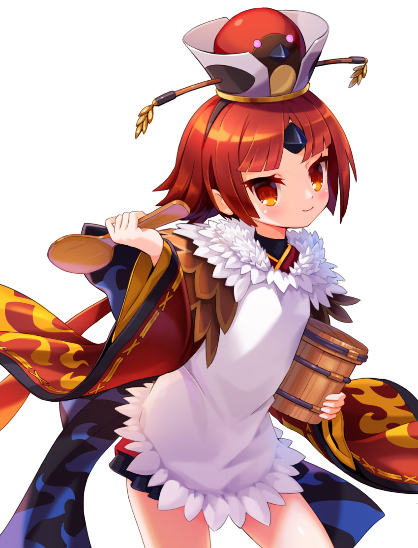 1girl apron benienma_(fate) brown_eyes brown_hair fate/grand_order fate_(series) feather_trim hat highres ohitsu shamoji smile taedu white_apron white_background wide_sleeves