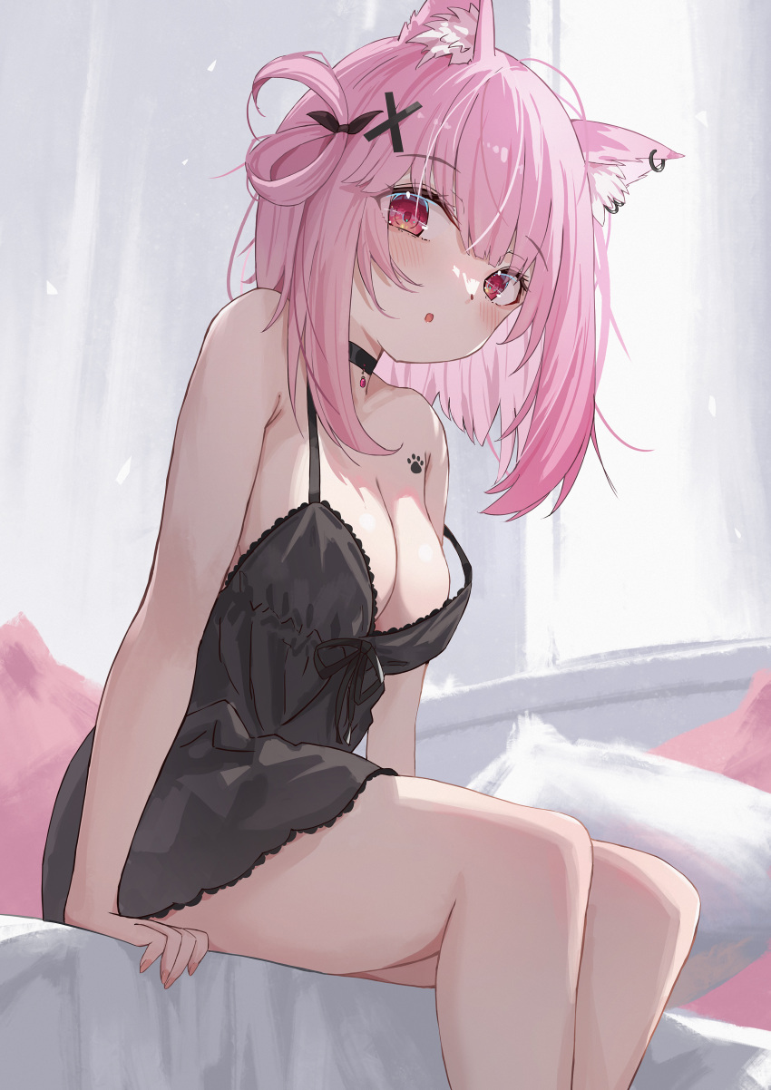 1girl :o absurdres animal_ear_fluff animal_ears bare_arms bare_shoulders black_nightgown breasts cat_ears cat_girl cleavage collarbone ear_piercing fingernails hair_ornament highres indie_virtual_youtuber juu_p large_breasts looking_at_viewer medium_hair mikeneko_(utaite) nail_polish nightgown paw_tattoo piercing pink_eyes pink_hair pink_nails revision single_hair_ring sitting solo thighs virtual_youtuber x_hair_ornament