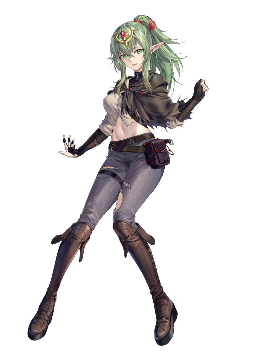 1girl absurdres arknights boots breasts commission cosplay crop_top fingerless_gloves fire_emblem fire_emblem_awakening gloves green_eyes green_hair hair_between_eyes hair_ornament highres jacket large_breasts long_hair long_sleeves looking_at_viewer meteor_(arknights) meteor_(arknights)_(cosplay) midriff navel open_clothes open_mouth pants pixiv_commission pointy_ears ponytail shirt smile solo standing stomach suprii tiara tiki_(adult)_(fire_emblem) tiki_(fire_emblem) torn_clothes torn_pants