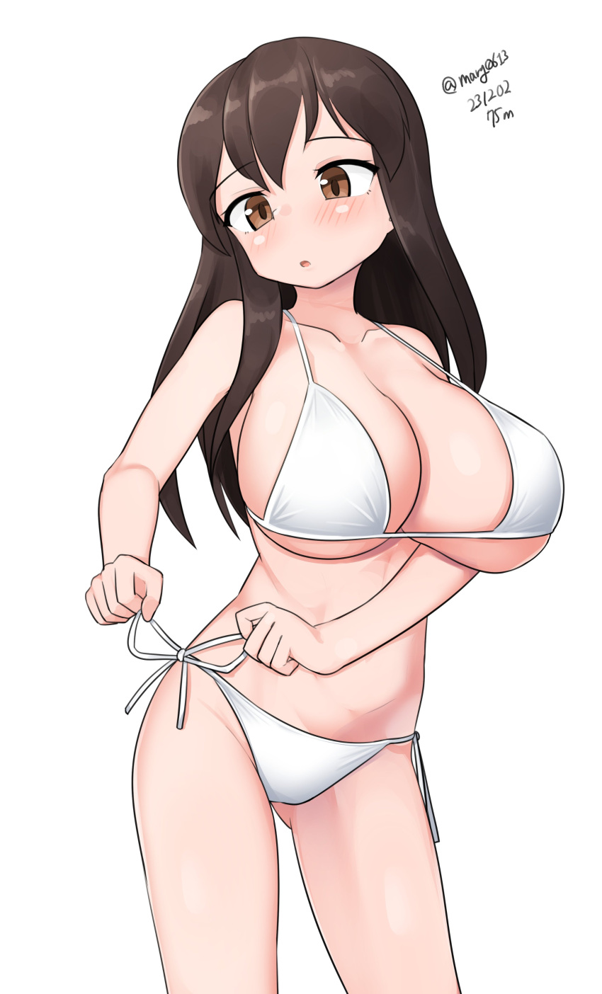 1girl absurdres akagi_(kancolle) bikini black_hair breasts brown_eyes contrapposto dated feet_out_of_frame highres huge_breasts kantai_collection long_hair maru_(marg0613) one-hour_drawing_challenge side-tie_bikini_bottom solo standing swimsuit twitter_username tying white_bikini