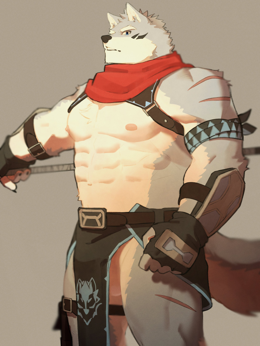 abs absurd_res anthro armor blue_eyes bottomwear canid canine canis clothing crave_saga fur grey_body grey_fur hakuma_(crave_saga) hi_res loincloth male mammal muscular muscular_anthro muscular_male nipples pecs pluto08010511 scarf solo unconvincing_armor wolf
