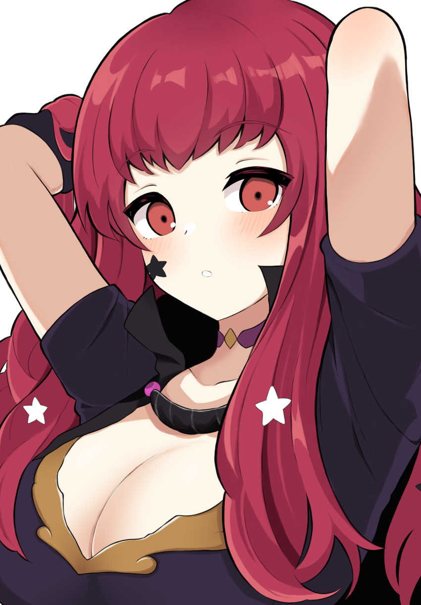 1girl :o arms_behind_head arms_up blush breasts choker cleavage collar facial_mark fire_emblem fire_emblem_engage hair_ornament highres kocha_(jgug7553) large_breasts long_hair looking_at_viewer open_mouth pink_choker portrait red_eyes red_hair short_sleeves simple_background solo star_(symbol) star_facial_mark star_hair_ornament upper_body white_background yunaka_(fire_emblem)