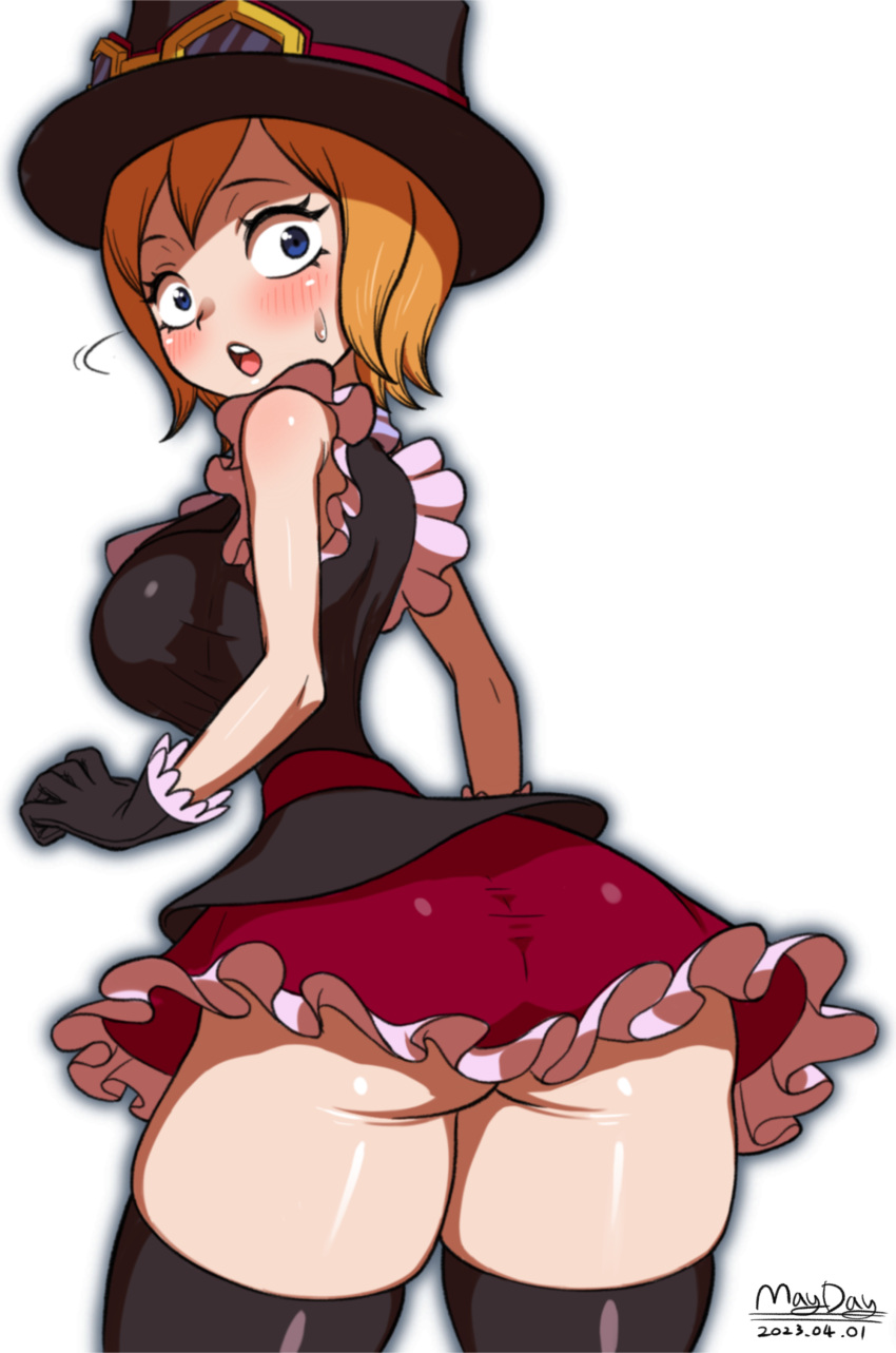 1girl absurdres artist_name ass black_gloves black_thighhighs blush breasts dated frills from_behind gloves hat highres koala_(one_piece) large_breasts looking_at_viewer looking_back maydaykiki one_piece one_piece_treasure_cruise open_mouth red_skirt skindentation skirt surprised teeth thighhighs tongue upper_teeth_only wide-eyed wide_hips