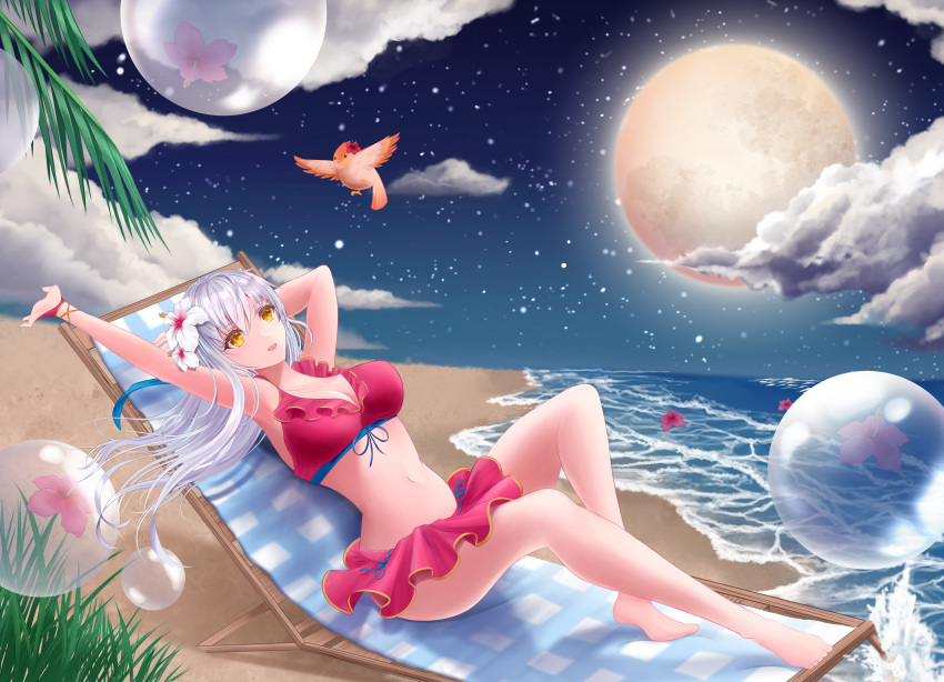 1girl absurdres armpits bare_shoulders beach bikini bikini_skirt bird breasts cleavage cloud commission fire_emblem fire_emblem:_radiant_dawn fire_emblem_heroes flower frilled_bikini frills front-tie_top full_moon gloves grey_hair hair_flower hair_ornament hair_ribbon half_updo highres large_breasts long_hair luseya lying micaiah_(fire_emblem) micaiah_(summer)_(fire_emblem) moon night night_sky ocean official_alternate_costume outdoors plumeria red_bikini red_gloves ribbon sand sky solo summer swimsuit yellow_eyes yune_(fire_emblem)