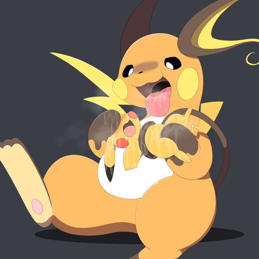 1:1 2023 belly black_ear_tips black_nose black_sclera blush bodily_fluids brown_ears brown_paws brown_tail dripping duo generation_1_pokemon hi_res nintendo orange_body parupoke pikachu pokemon pokemon_(species) pupils raichu red_cheekdots saliva saliva_drip saliva_on_body saliva_on_face saliva_on_tongue saliva_string simple_background tail tongue tongue_out wet wet_body white_belly white_pupils yellow_body yellow_cheeks yellow_ears yellow_inner_ear yellow_tail yellow_tail_tip