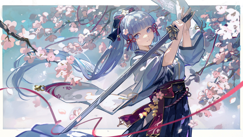 1girl absurdres arms_up blue_eyes blue_hair blue_hakama blunt_bangs blunt_tresses border chinese_knot floral_print flower genshin_impact hair_flower hair_ornament hair_ribbon hakama highres holding holding_sword holding_weapon japanese_clothes kamisato_ayaka katana light_blue_hair long_hair long_sleeves mento mole mole_under_eye ponytail ribbon sash solo sword tree tress_ribbon weapon white_border wide_sleeves yagasuri