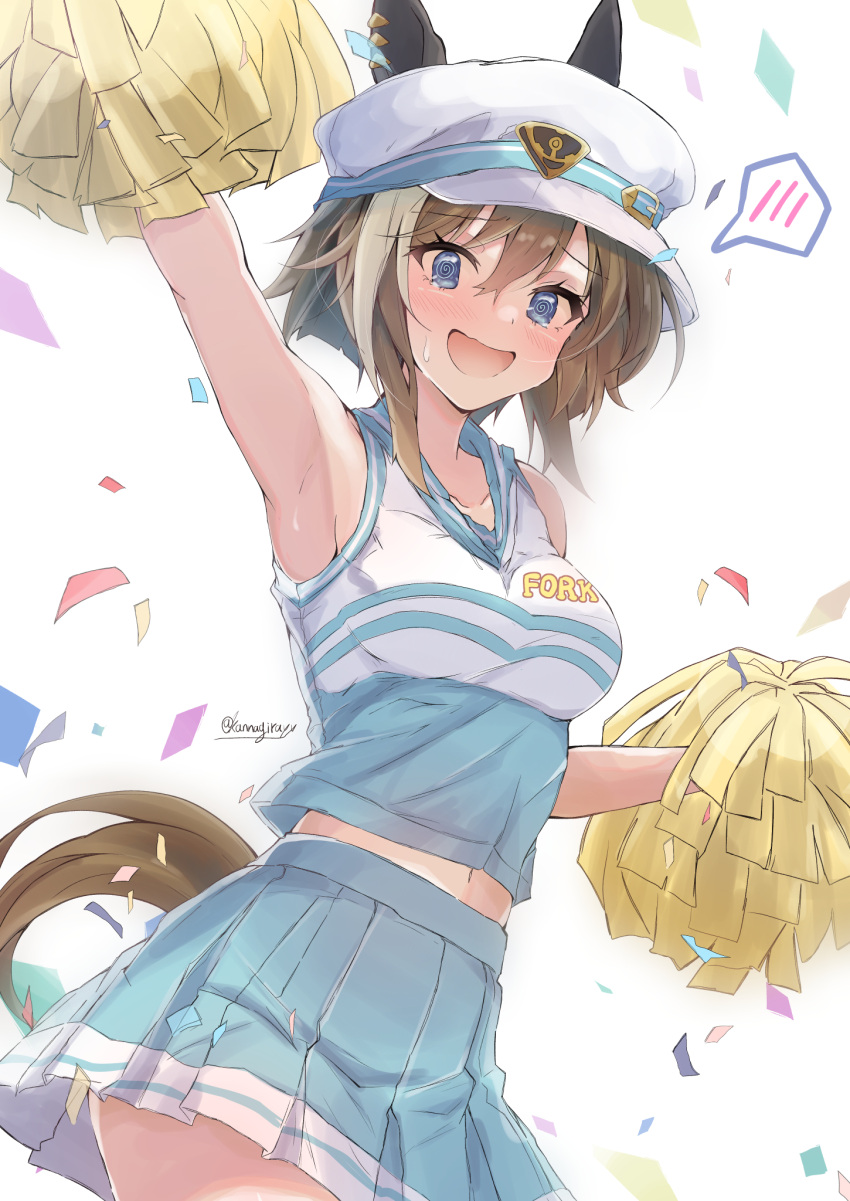 1girl @_@ alternate_costume animal_ears armpits blush breasts brown_hair cheerleader cheval_grand_(umamusume) collarbone commentary_request confetti embarrassed hair_between_eyes hair_ornament hat highres horse_ears horse_girl kannagiray looking_at_viewer medium_breasts medium_hair navel pom_pom_(cheerleading) simple_background solo sweat tears twitter_username umamusume white_background