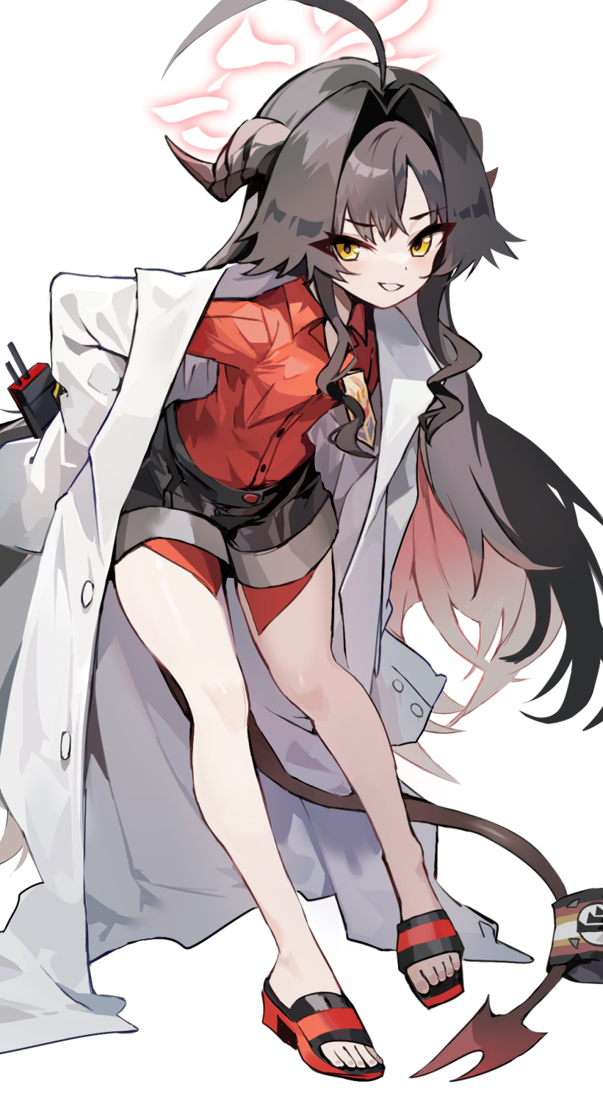 1girl ahoge black_hair black_shorts blue_archive blush breasts coat collared_shirt colored_inner_hair demon_girl demon_horns demon_tail eyelashes full_body gradient_hair grey_hair hair_intakes halo highres horns kasumi_(blue_archive) lab_coat leaning_forward legs long_hair long_sleeves looking_at_viewer multicolored_hair parted_bangs red_footwear red_hair red_halo red_shirt ro/ku sandals shirt short_shorts shorts sidelocks simple_background small_breasts solo standing standing_on_one_leg tail toenails very_long_hair white_background white_coat yellow_eyes